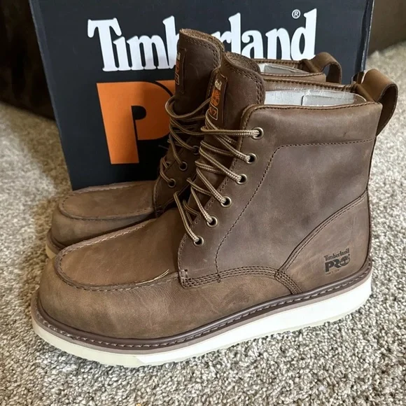 Men's Timberland PRO Wedge 6" Soft Toe Moc-Toe Work Boots Coconut Brown - Picture 1 of 7